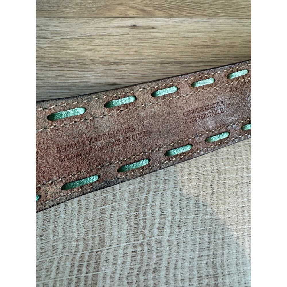 American Eagle Vintage Leather and Green Contrast Stitch Belt Brown S - Picture 6 of 11